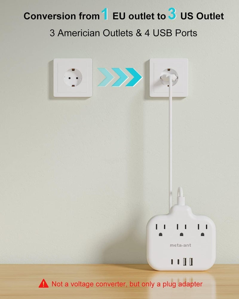 meta-ant European Travel Plug Adapter, US to Europe Plug Adapter with 3 Outlets & 4 USB(2 USB-C), 5ft European Power Cord, International Power Strip, Type C for Europe EU Germany France, Travel, White - Image 5